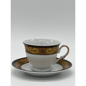 Set of 2 Demitasse White Cup and Saucer Black with Gold